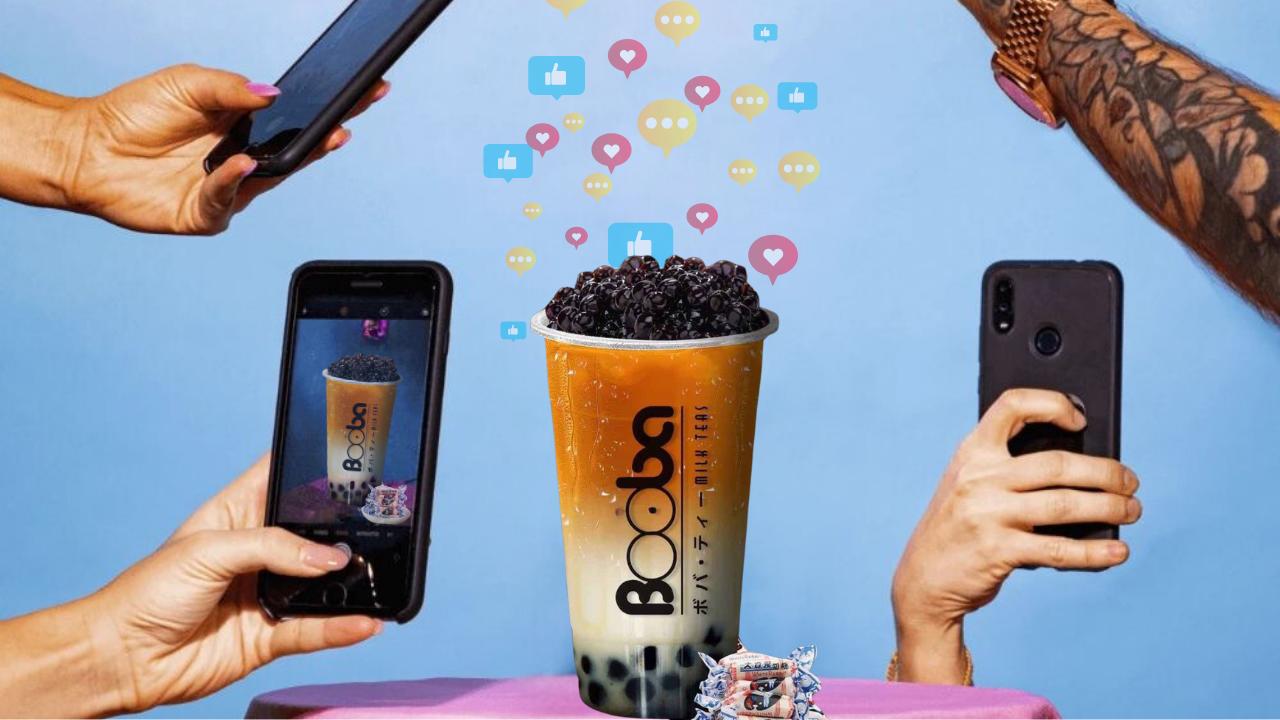 Booba drink with tapioca pearls and social media icons