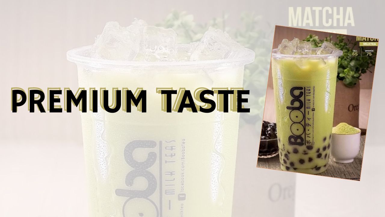 Green Booba matcha milk tea with tapioca pearls and ice, labeled 'Premium Taste'.